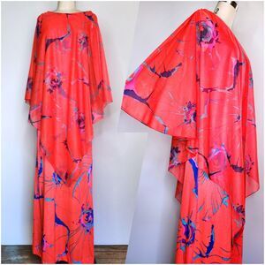 Hawaiian Neon Abstract Print Kamehameha Dress - Angel Sleeves 60s 70s XS - S